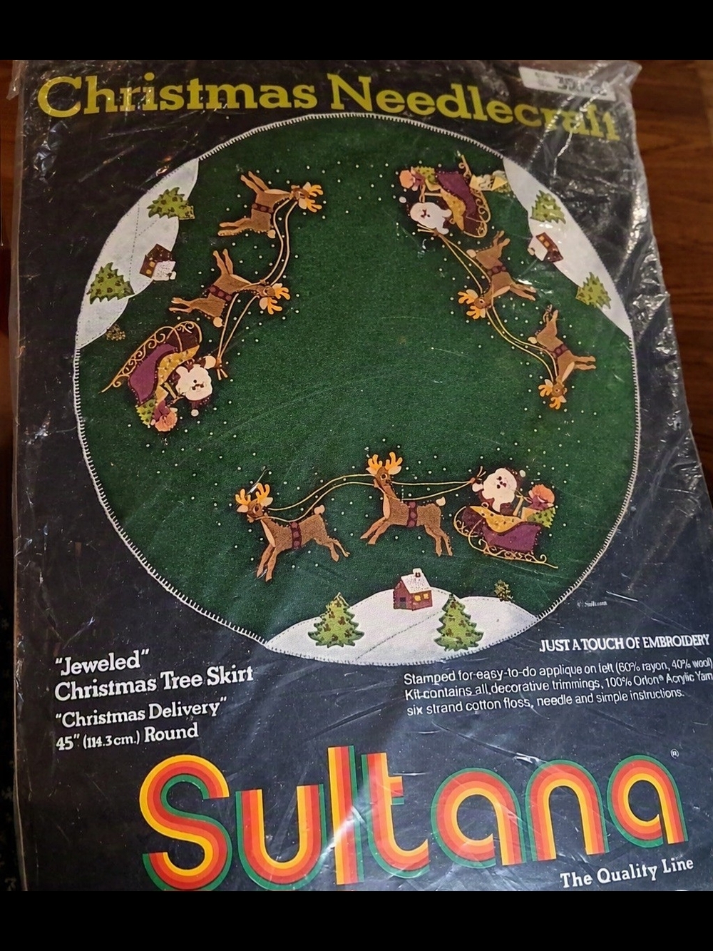 Sultana Jeweled Christmas Tree Skirt - Green Reindeer & Santa Vintage Bucilla